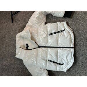 DKNY Glossy White Hooded Puffer Jacket Womens Size S